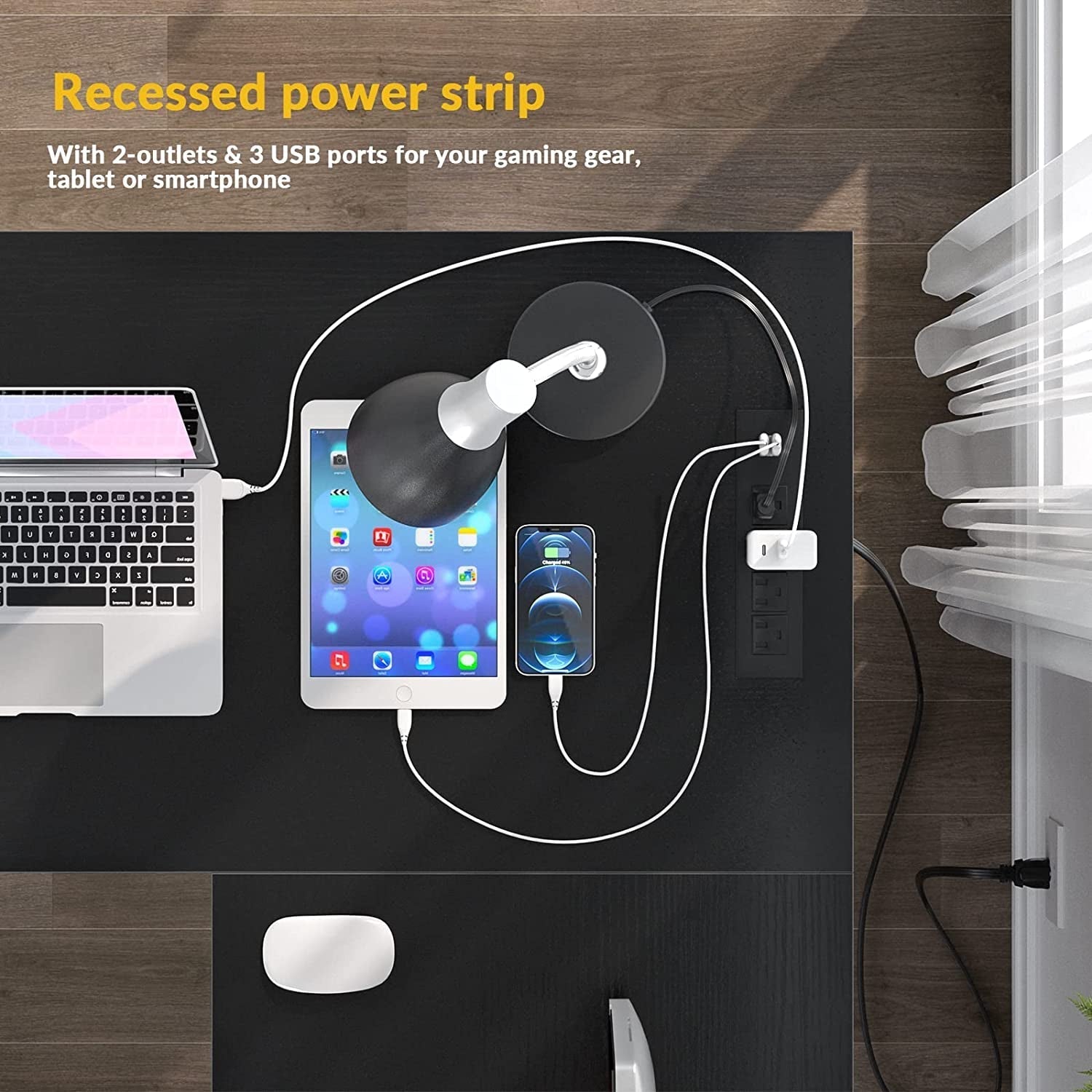 L-Shaped Desk with USB and Power Outlet, Black-3