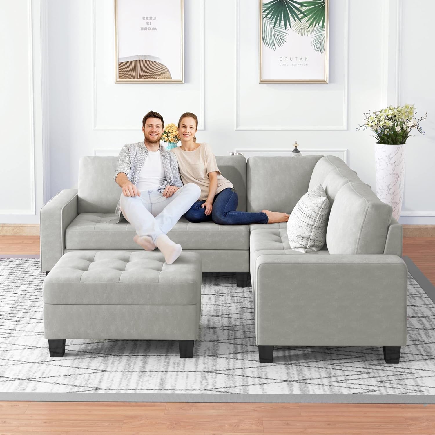 Sectional Sofas 3-Seat Sofa Sectional Sofa Couches with Storage Ottoman and 2 Cup Holders, Sofa Lounge and Ottoman for Living Room Furniture-2