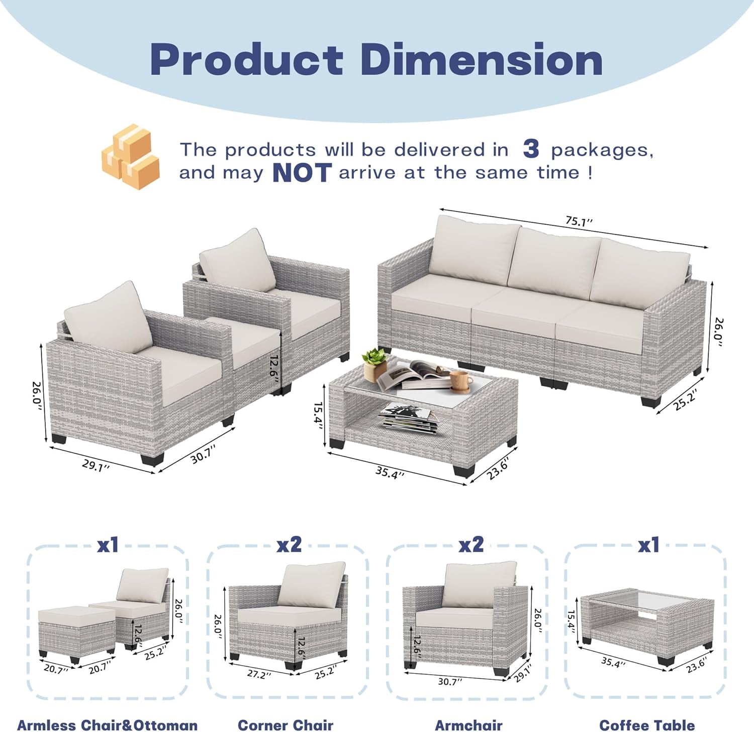 7 Piece Outdoor Patio Furniture Set, Outdoor Sectional Furniture, Rattan Chairs Glass Table Wicker Conversation Seating Sectional Sofa with Cushions (B-Grey White-Grey, B-7 Pieces-Tilted Back)-1