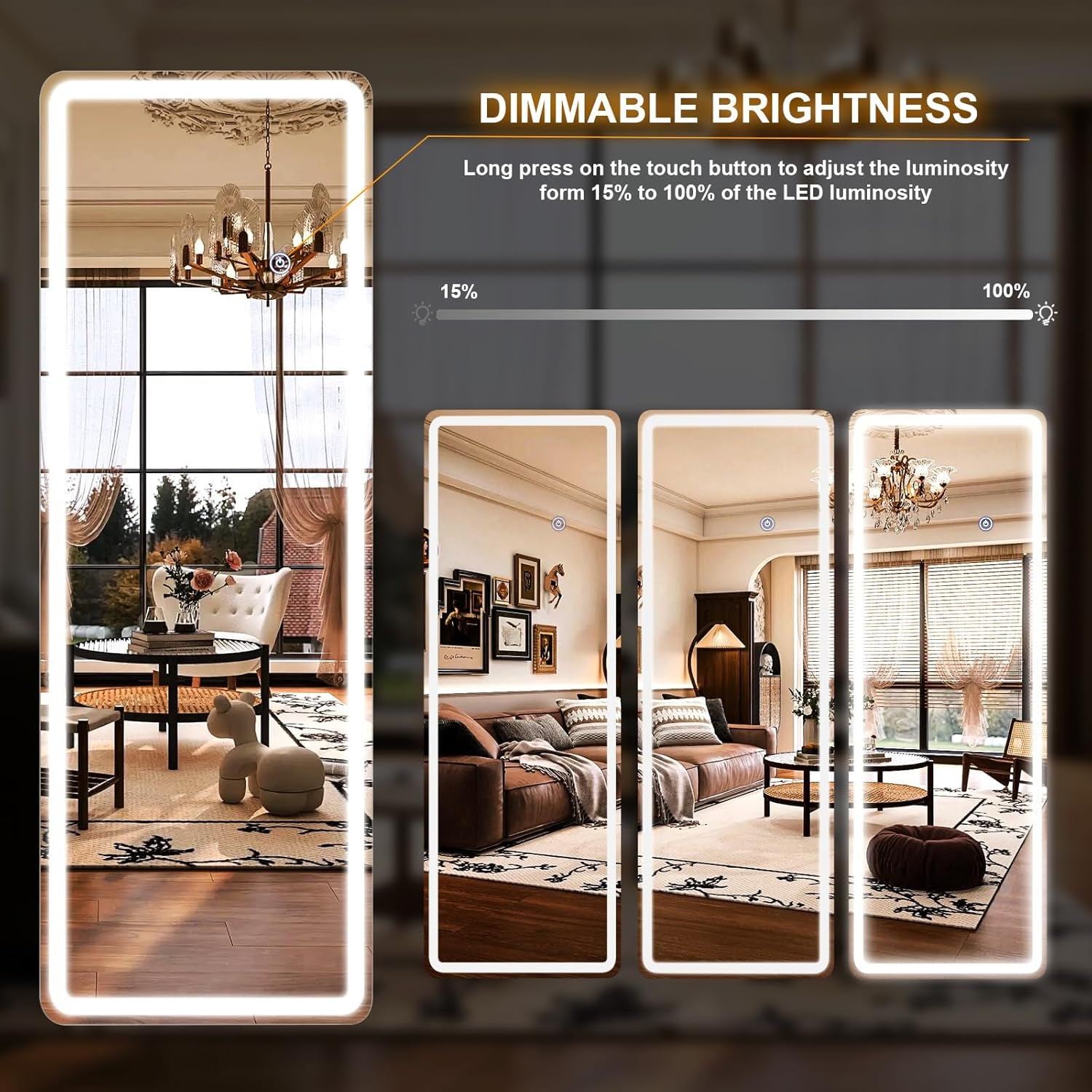 26X68 Inch Full Length Mirror with Lights, LED Lighted Floor Standing, Hanging Mirror Full Length with Stand Free, Full Body Dressing Mirrors with Dimmable 3 Color LED-3