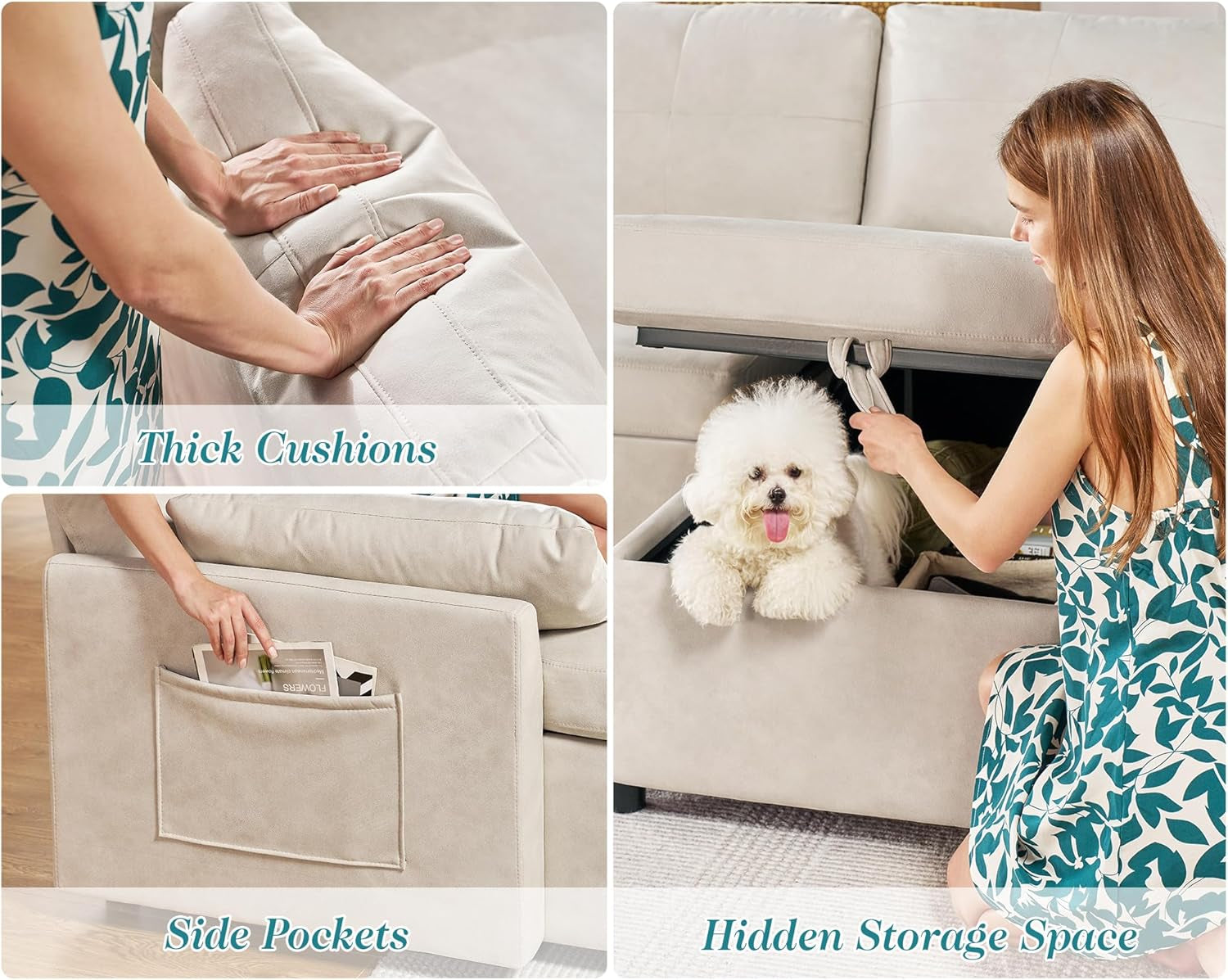 Sleeper Sofa, Sofa Bed- 2 in 1 Pull Out Couch Bed with Storage Chaise, Sofa Sleeper Couch for Living Room, Off-White Leathaire Sofa-4