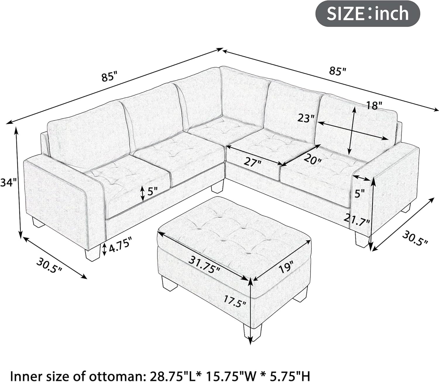 Sectional Sofas 3-Seat Sofa Sectional Sofa Couches with Storage Ottoman and 2 Cup Holders, Sofa Lounge and Ottoman for Living Room Furniture-1