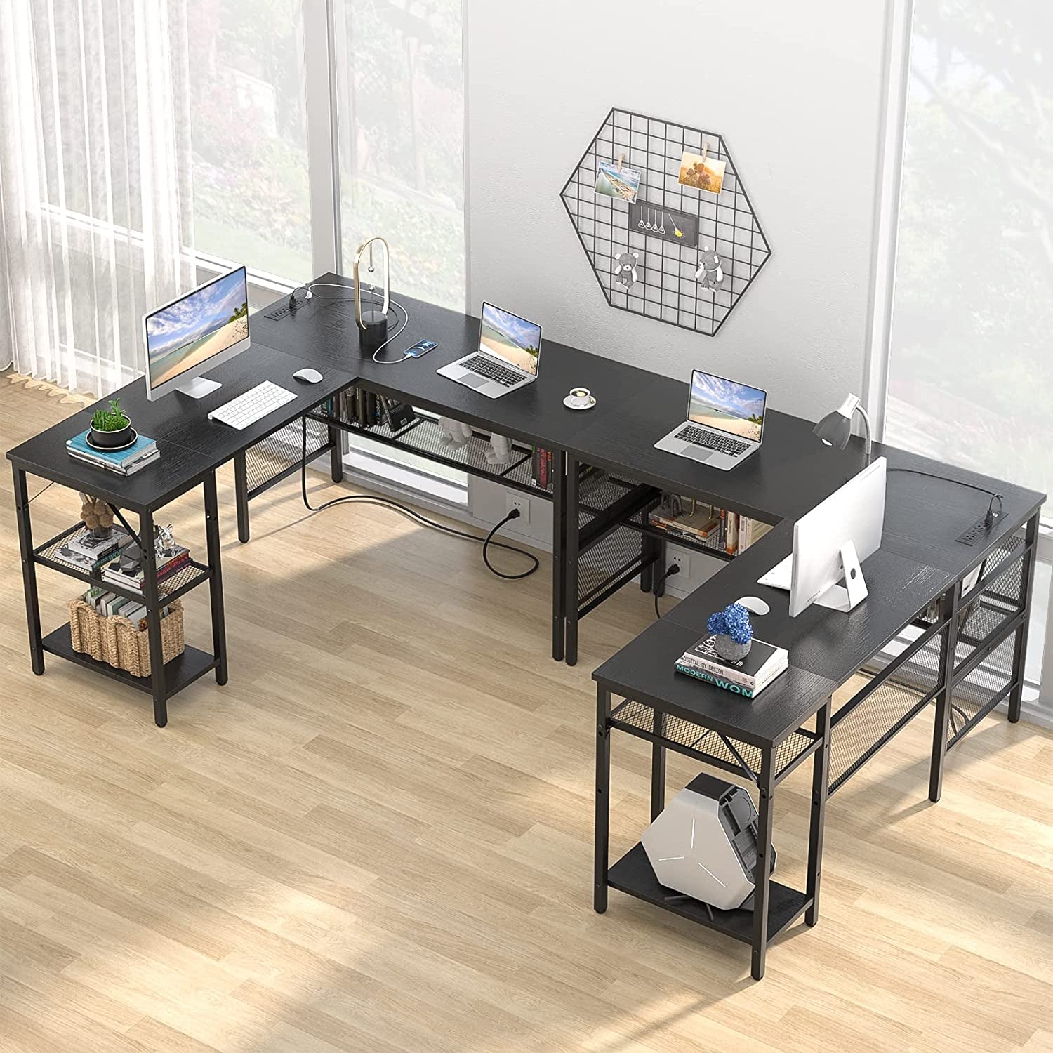 L-Shaped Desk with USB and Power Outlet, Black-1