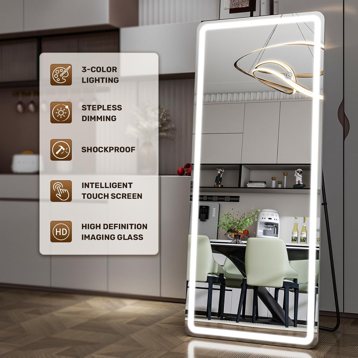 26X68 Inch Full Length Mirror with Lights, LED Lighted Floor Standing, Hanging Mirror Full Length with Stand Free, Full Body Dressing Mirrors with Dimmable 3 Color LED-4