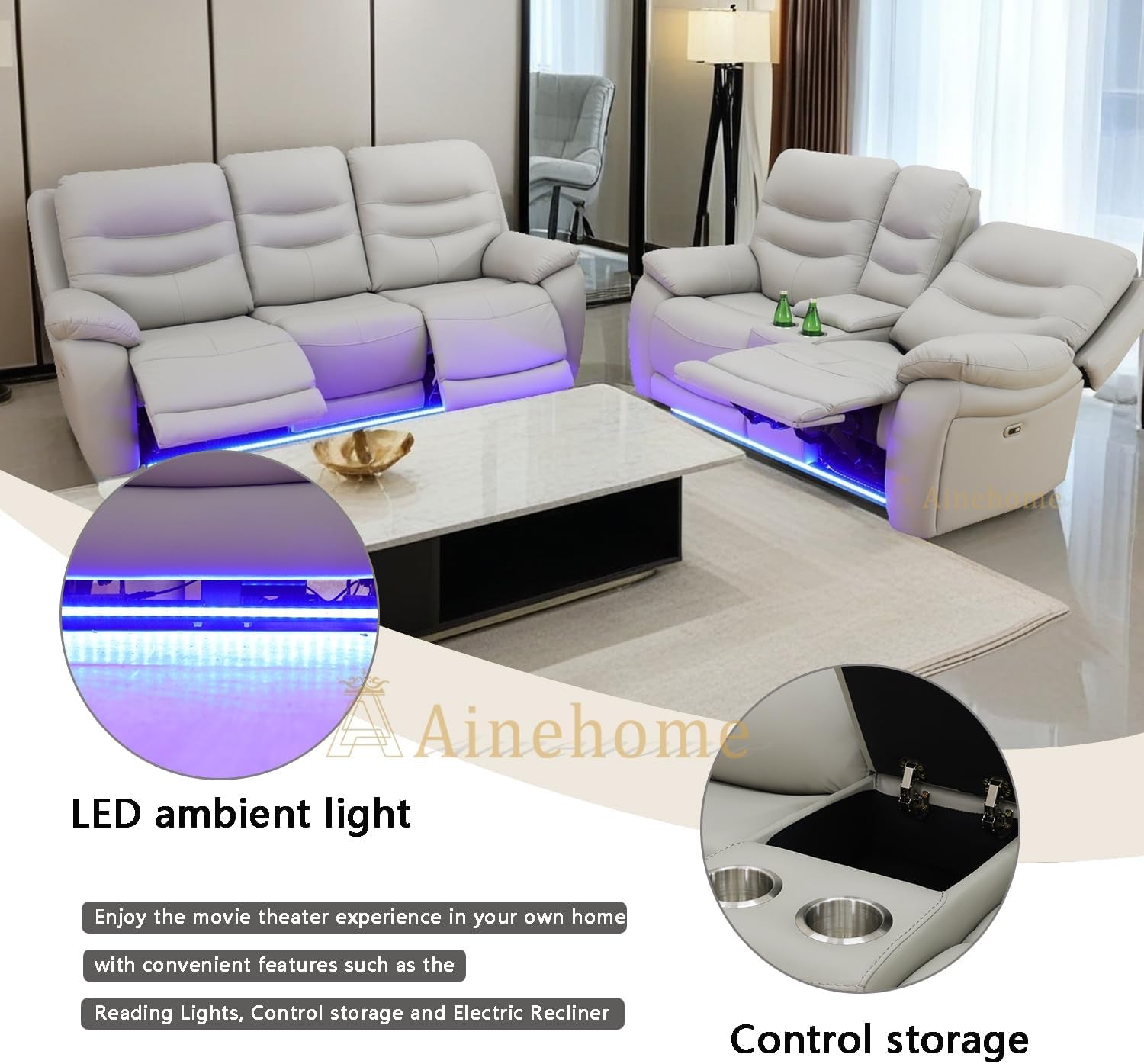 LED Power Recliner Sofa for Living Room Furniture Set, Leather Sectional Sofa Set, Reclining Sofa and Loveseat with USB Port/Storage Console/Cup Holders(Grey Sofa+Loveseat)-2