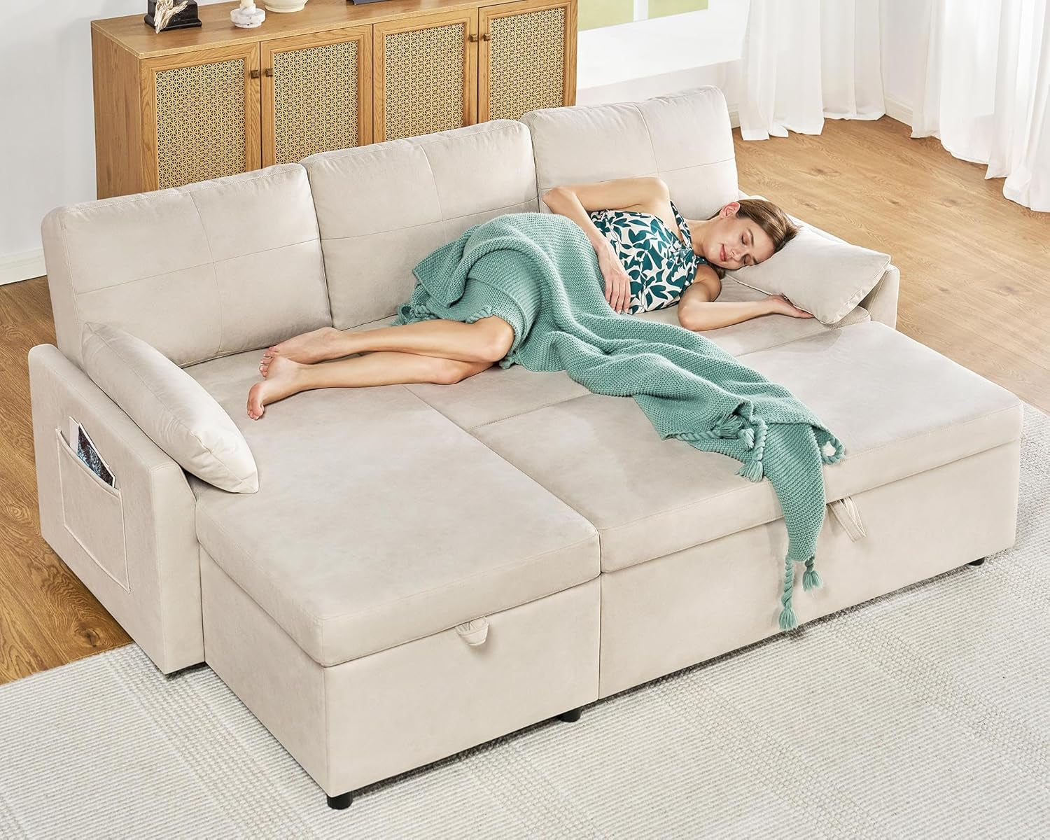 Sleeper Sofa, Sofa Bed- 2 in 1 Pull Out Couch Bed with Storage Chaise, Sofa Sleeper Couch for Living Room, Off-White Leathaire Sofa-2